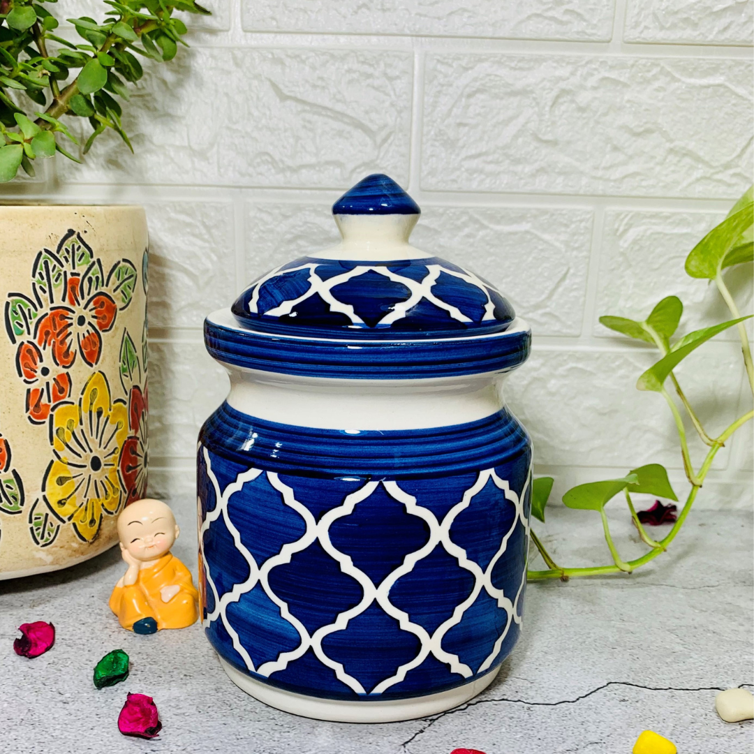 Homefrills Multi-Utility Storage Ceramic Jar & Container with Lid/Achar Barni for Storage of Achar/Snacks/Pickle/cookies etc. (1 jars with Lid) Colour-Blue Capacity-1000 ml/1 KG(approx)